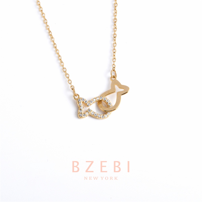 BZEBI สร้อยคอ แฟชั่น โซ่ 2 จี้รูปปลา ประดับเพทาย ขนาดเล็ก เรียบง่าย สไตล์ญี่ปุ่น และเกาหลี สําหรับผู้หญิง 662n