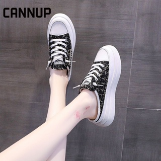 CANNUP รองเท้าผ้าใบแฟชั่น รองเท้าเปิดส้น ส้นสูง5cm เตรียมจัดส่ง ZY221101