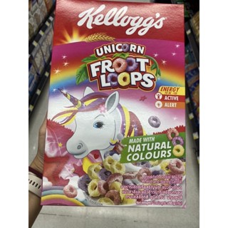 Kellogg ‘s Unicorn Froot Loops Breakfast Cereal Maize , Wheat And Barley Cereal 285 G. อาหารเช้าซีเรียลธัญพืช แป้งข้าวโพด แป้งสาลี และ แป้งข้างบาร์เลย์ อบกรอบ ( ตรา เคลล็อกส์ ยูนิคอร์น ฟรุตลูปส์ )