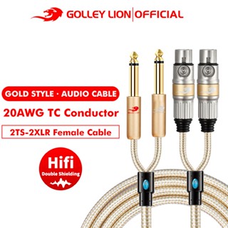 Golley LION สายเคเบิลปลั๊กเสียง 6.35 มม. 1/4 นิ้ว 2 TS เป็น 2XLR ตัวเมีย สีทอง สําหรับมิกเซอร์กล้อง เครื่องขยายเสียง ไมโครโฟน เครื่องขยายเสียง