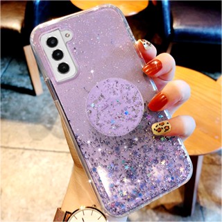 เคสโทรศัพท์มือถือใส ลายกลิตเตอร์วิบวับ พร้อมขาตั้ง สําหรับ Samsung Galaxy S21 S22 S23 Plus Ultra 5G