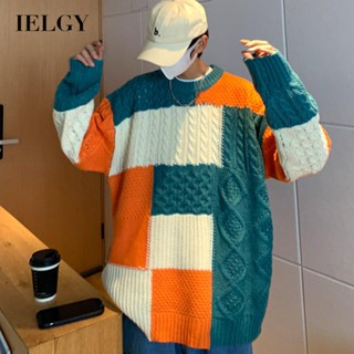 Ielgy เสื้อกันหนาว คอกลม ลายสก๊อต บล็อกสี สําหรับผู้ชาย