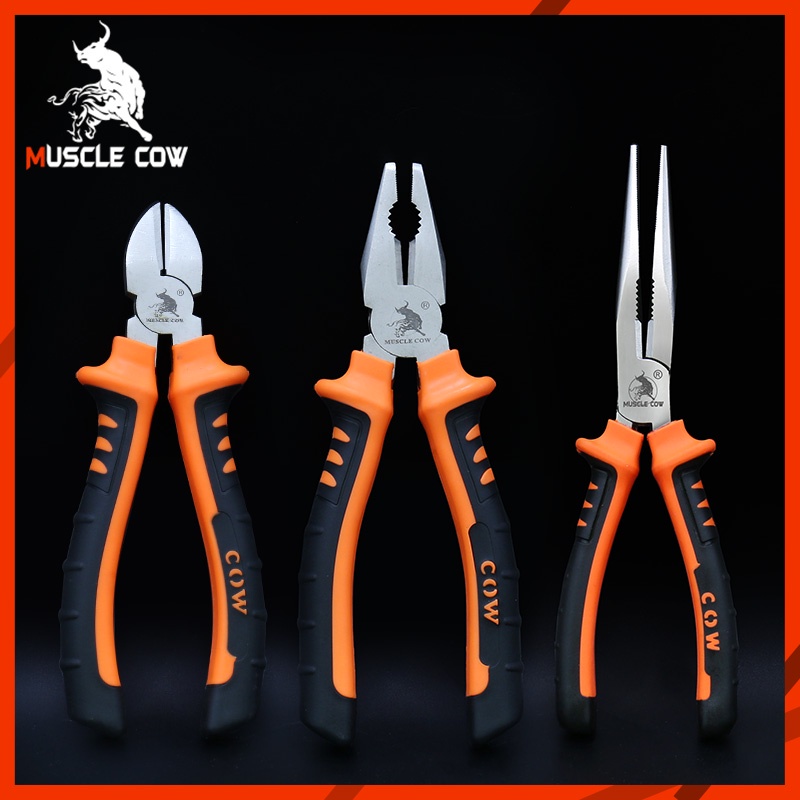 Muscle Cow คีมปากแหลม คีมช่าง​ คีมปากจิ้งจก คีมตัดสายไฟ คีมสายไฟ ตัดสายไฟ 8 นิ้ว คีมปากจระเข้ คีมปากเฉียง คีมอเนกประสงค์