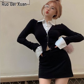 RUO BEI XUAN เสื้อยืดคอกลมแขนยาวผู้หญิงแฟชั่นเกาหลี