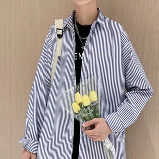 【M-3XL】Korean Mens loose Street Hip Hop Trend draped shirt stripe unisex oversized casual shirt