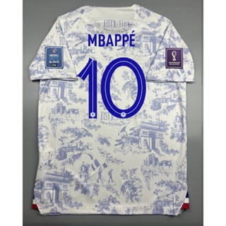 เสื้อบอล แฟนบอล ทีมชาติ ฝรั่งเศส เยือน 2022-23 France Away พร้อมเบอร์ชื่อ 10 MBAPPE  อาร์มฟุตบอลโลก World Cup 2022