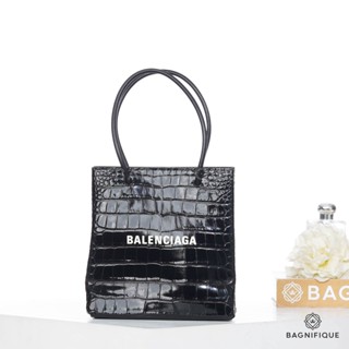 NEW BALENCIAGA SHOPPING BAG XXS BLACK CROC EMBOSSED SHW