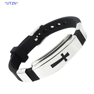 UTZN&gt; Men Fashion Silver Cross Stainless Steel Black Rubber Bracelet Bangle Wristband new