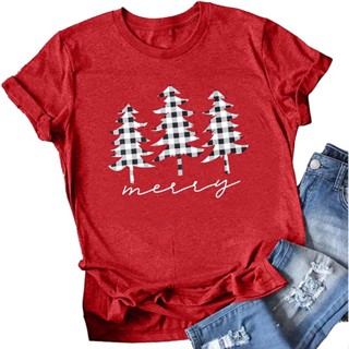 Merry Christmas Letter Print Shirts for Women Funny Plaid Christmas Tree Graphic Tee Tops DW421เสื้อยืดสวยๆ