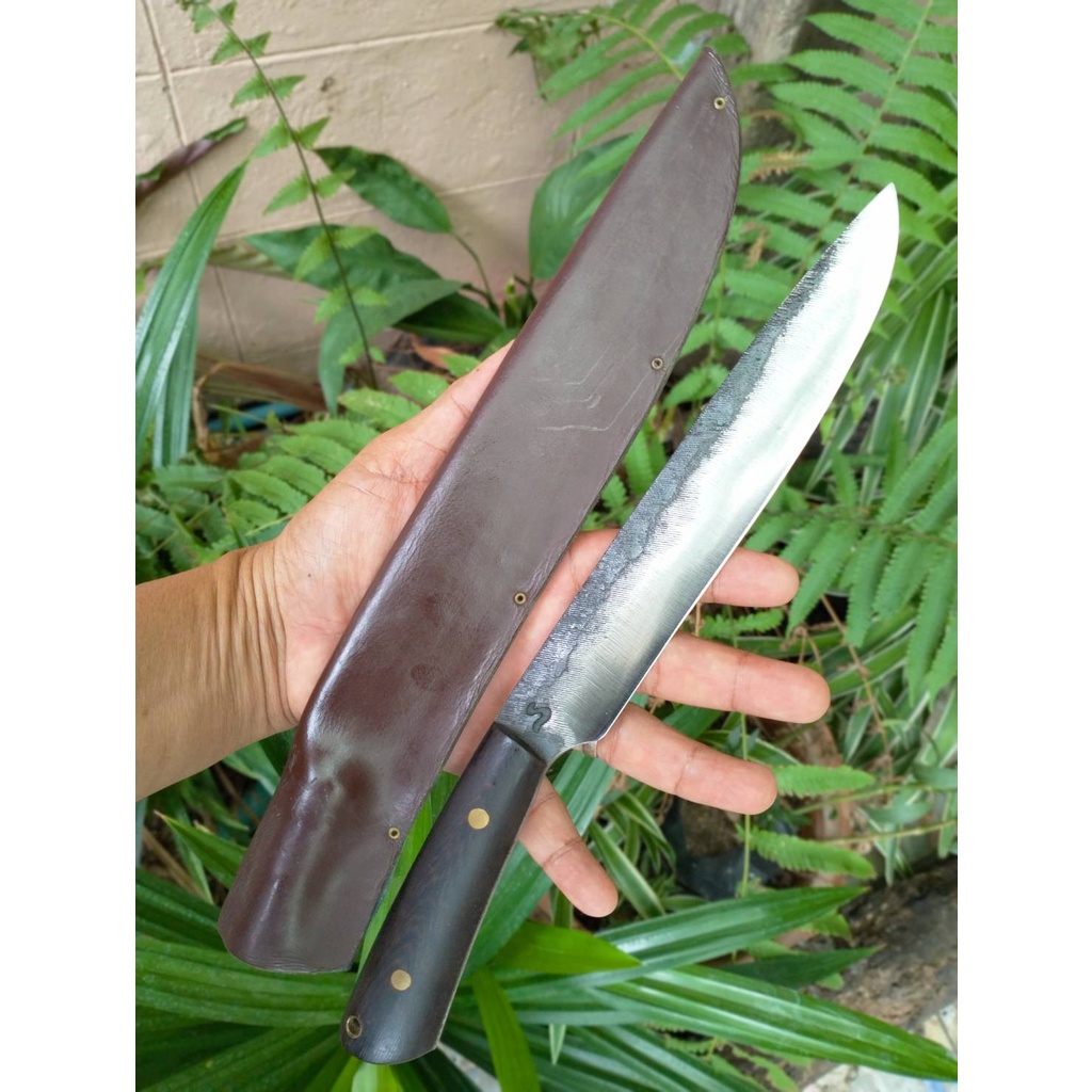 มีดแล่ (butcher knife) มีดทำครัว มีดเชฟ มีดเดินป่า มีดแคมป์ 7.9” เหล็กตะไบ fulltank ผิวไฟ ด้ามสาธร ซองหนังบุ PVC