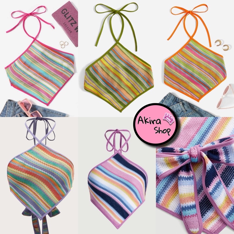 พร้อมส่ง 🍒🍓เสื้อครอป คล้องคอ ลายทาง ผ้าไหมพรมถัก มี5สี น่ารักมาก G01