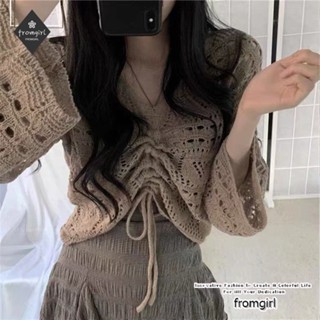 เสื้อกันหนาวแขนยาว คอวี ผ้าถัก แบบรูกลวง สไตล์เกาหลี