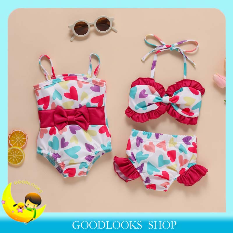 【Gd】 ชุดว่ายน้ําบิกินี่ จับคู่กับน้องสาว ชุดว่ายน้ํา บอดี้สูท แต่งระบาย (สีแดง สีขาว 2 ชิ้น, 0-6 เดือน)