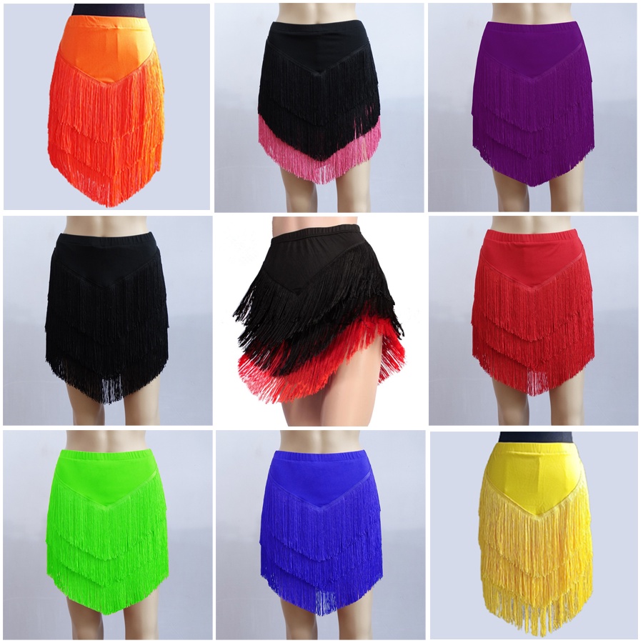 สตรีกระโปรงเต้นรําละตินละติน Fringed พู่กระโปรงไม่สม่ําเสมอ V-Shape Dance สวมใส่สีแดงสีฟ้าสีเขียวสีดําขนาดใหญ่ 5XL