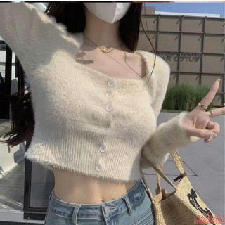 Topone เสื้อกันหนาวแขนยาว คอสี่เหลี่ยม แต่งกระดุม ขนเฟอร์ สีพื้น สําหรับผู้หญิง