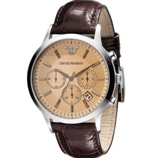 Emporio Armani Mens Classic Chronograph Cream Face Brown Leather Strap Watch AR2433