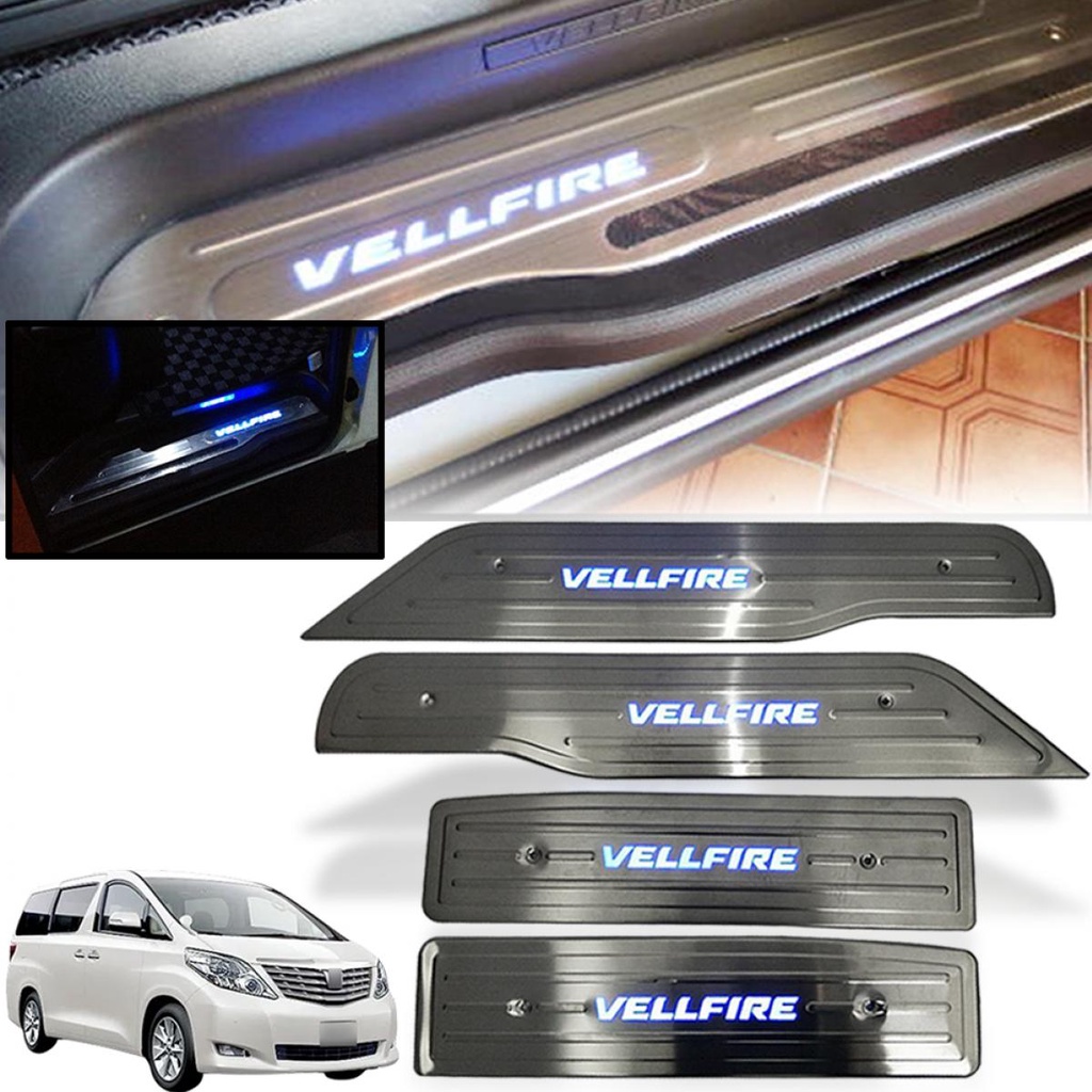 กันรอยชายบันได สคัพเพลท มีไฟ LED รุ่น โตโยต้า อัลฟาร์ด เวลไฟร์ TOYOTA ALPHARD VELLFIRE ปี2008-2014 พร้อมชุดสายไฟ 4 ชิ้น