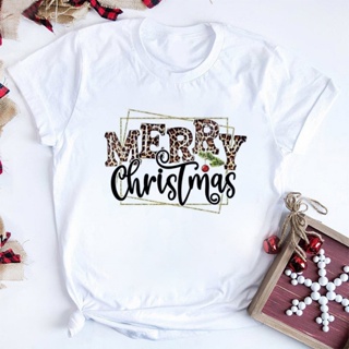 ⚡️ พร้อมส่ง⚡️ [Ready Stock] Leopard Merry Christmas T Shirt Womens New Year Clothing White O-neck Tops