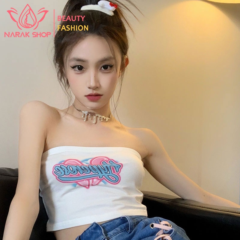 เสื้อเกาะอก เสื้อเกาะอกปักลายตัวอักษรแบบเก๋ๆ ผ้ายืด ผ้านิ่ม ใส่สบาย