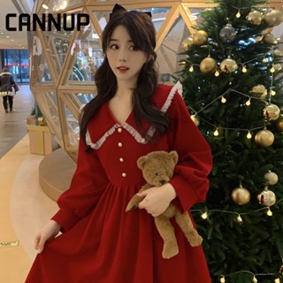 CANNUP ชุดสีแดง ชุดคริสต์มาส แขนยาว กระโปรงสั้น Dresses FS755145