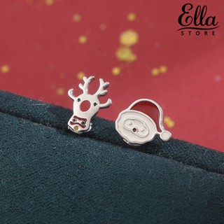 Ellastore123 ต่างหู แบบเจาะหู รูปซานตาคลอส กวาง ไม่สมมาตร เครื่องประดับ สําหรับผู้หญิง 1 คู่