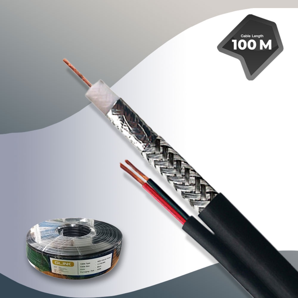 GLINK (RG6+DC 100m) สาย RG6 มาพร้อมกับสายไฟ DC ความยาวสาย 100 เมตร สำหรับการติดตั้งระบบกล้องวงจรปิด CCTV