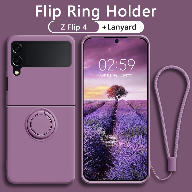 เคส Samsung Z Flip 4 Flip 5 ซัมซุง ซิลิโคนเหลว แบบเต็ม ฝาครอบกล้อง พร้อมแหวนขาตั้ง สีเดียวกัน สายคล้อง กันกระแทก