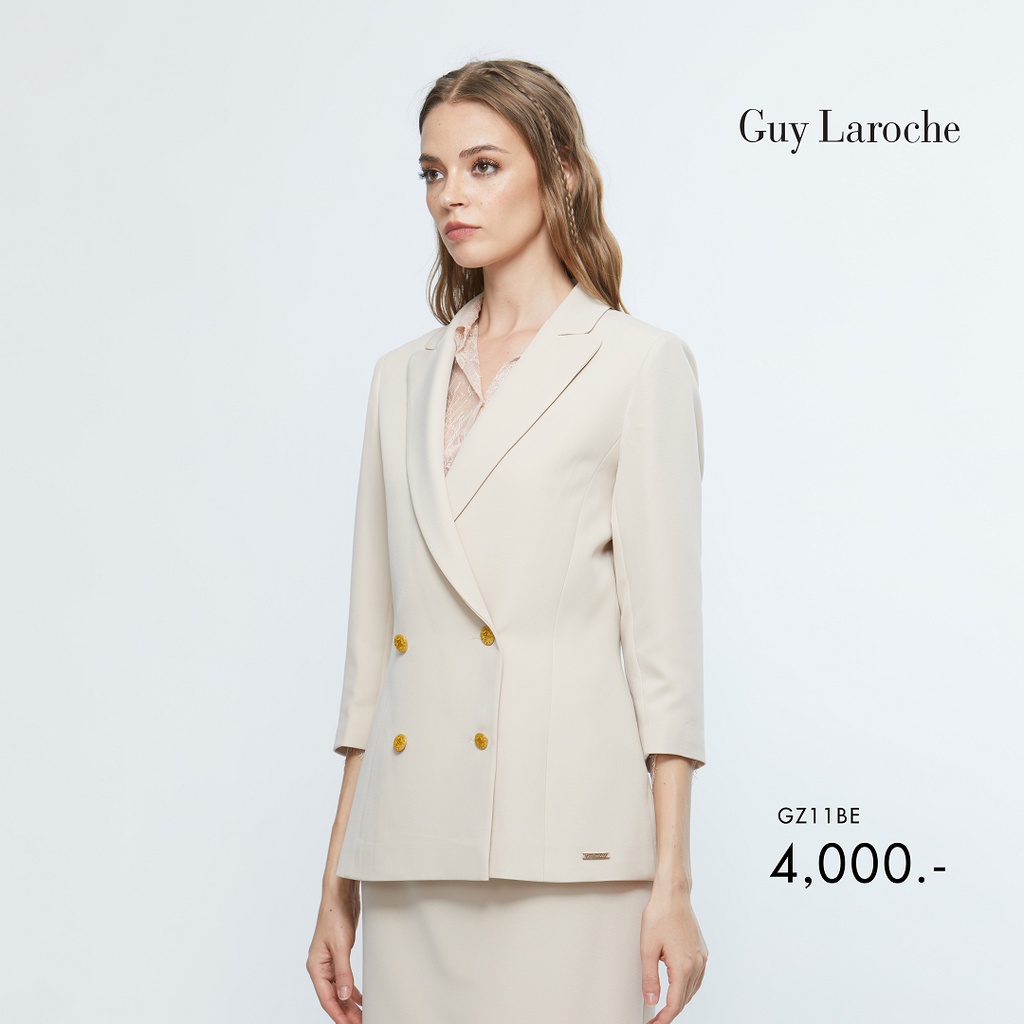 Guy Laroche woman's jacket King Suiting แจ็คเก็ตทำงานผู้หญิง ทรงเข้ารูป แขนสามส่่วน แต่งกระดุม 4 เม็ด สีเบจ GZ11BE