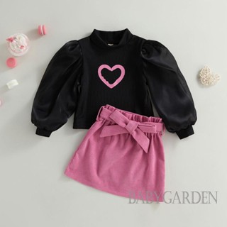 Babygarden-2-6 ปี ชุดเสื้อผ้าเด็กทารก พัฟแขนยาว พิมพ์ลายหัวใจ และกระโปรงสั้น พร้อมเข็มขัด