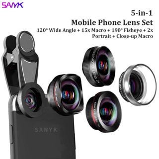 Sanyk 5-in-1 เลนส์ออปติคอล โทรศัพท์มือถือ เคลือบหลายชั้น มุมกว้าง + มาโคร + ฟิชอาย + เลนส์คลิปเทเลโฟโต้