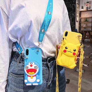 For Samsung galaxy S8 S9 S10 S20 FE S21 S22 Note20 Ultra Note8 Note9 Note10 Plus Cartoon Soft TPU Coin Back Cover Cute 3D Pikachu Doraemon Wallet Bags Phone Case With Lanyard