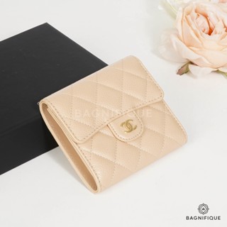 NEW CHANEL TRI FOLD WALLET SHORT BEIGE CAVIAR GHW