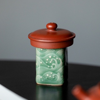 Yue Kiln Celadon ชุดฝาครอบชามเซรามิค ทรงสี่เหลี่ยม ลายนูน สําหรับตกแต่งบ้าน