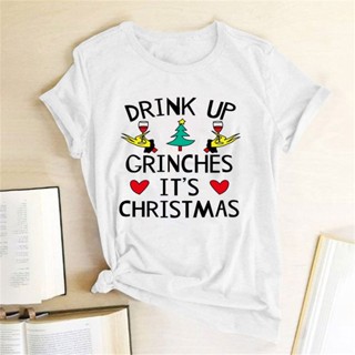 ⚡️ พร้อมส่ง⚡️ Drink Up Grinches Its Christmas T Shirt Women Short Sleeve Graphic Tees Loose Shirt Christmas