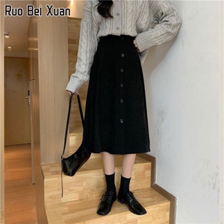 RUO BEI XUAN กระโปรงสตรีทรงเอยาวปานกลางเอวสูงกระโปรงยาว