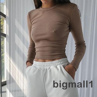 Bigmall- เสื้อครอปท็อปแขนยาว คอกลม เข้ารูป สีพื้น แฟชั่นฤดูใบไม้ผลิ สําหรับผู้หญิง