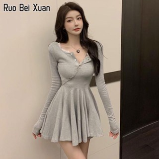 RUO BEI XUAN เดรสผู้หญิง เดรสแขนยาว ทรงเข้ารูป