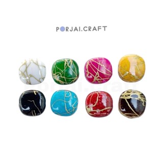 ลูกปัดสี่เหลี่ยมลายทอง Square Beads 12mm