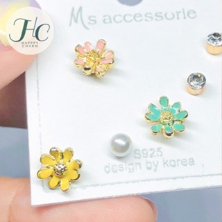 เซตต่างหูดอกไม้สไตล์เกาหลี น่ารัก สีพาสเทล เพชร และไข่มุก Earrings Set