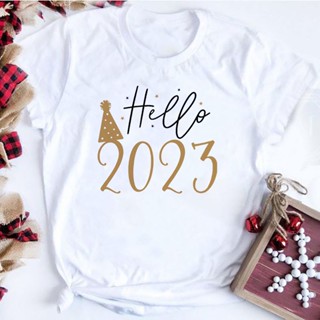 เสื้อยืดลําลอง พิมพ์ลาย Hello 2023 สีขาว แฟชั่นสําหรับเด็กผู้หญิง 2023