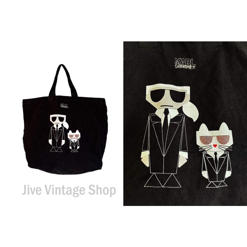 กระเป๋า Karl Lagerfeld ผ้าแคนวาสหนาๆ tote bag ทรงถือ shopping ใบใหญ่ สกรีนตัวการ์ตูน ด้านหน้า มือสอง จากตู้ญี่ปุ่น