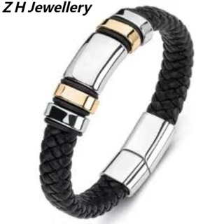 [Z H Jewelry] สร้อยข้อมือหนัง สเตนเลส สไตล์ฮิปฮอป ร็อค เรโทร เครื่องประดับแฟชั่น สําหรับผู้ชาย