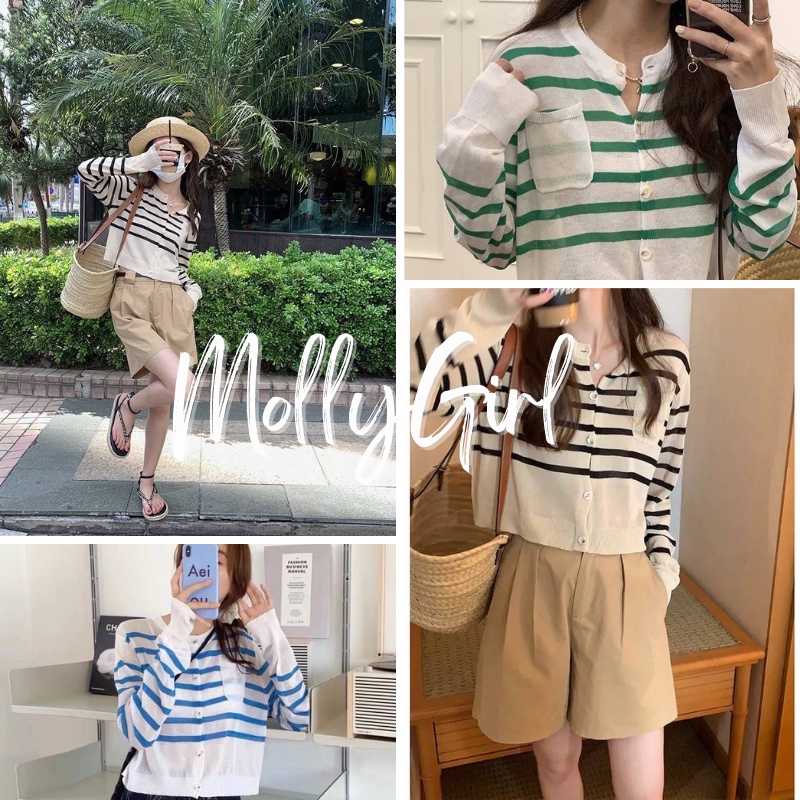 Mollygirl เสื้อครอปแขนยาวลายทาง สีสันสดใส