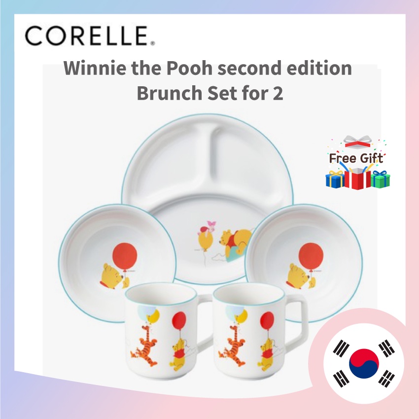 [ Corelle Winnie the Pooh] ⭐ใหม่!! Winnie the Pooh Second Edition Brunch Set ชุดจานหน้า 2 คน 2P สามส่วน (ขนาดใหญ่) 1P แก้ว 2P