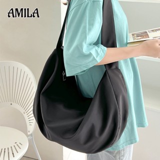 AMILA กระเป๋าสะพายข้างแฟชั่นใหม่สไตล์เกาหลีกระเป๋าสะพายสีทึบวัสดุไนลอนกระเป๋าทรงขนมจีบนักเรียนพร็อพความจุขนาดใหญ่