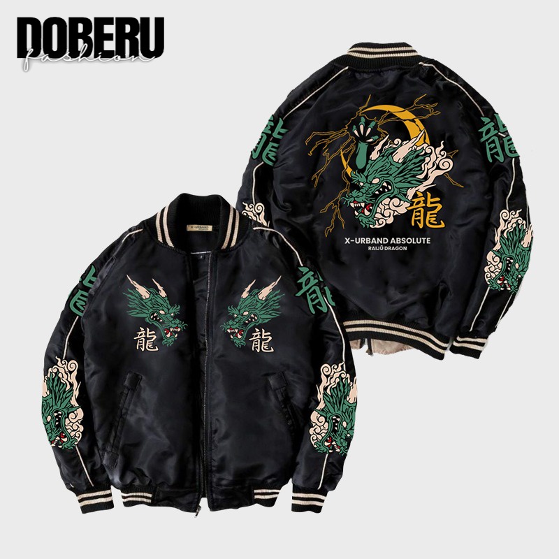 Raiju Dragon Inazuma Japan Sukajan Jacket เสื้อแจ็คเก็ต Shenronปักเต็มสไตล์ญี่ปุ่น