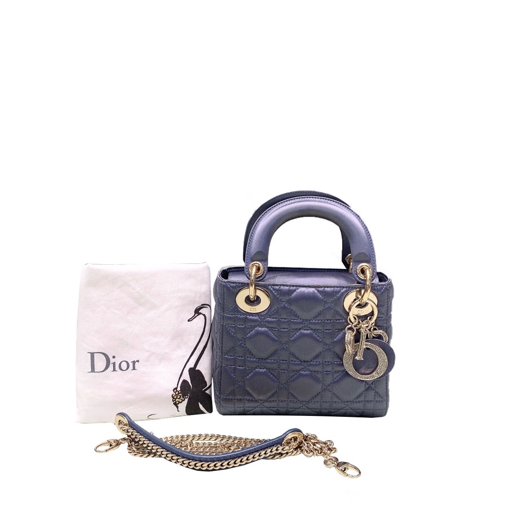 ❉۩◆Dior DIOR three-grid Diana bag women กระเป๋าสะพายไหล่ข้างเดียวแบบพกพาสีเทาสีน้ำเงินแท้