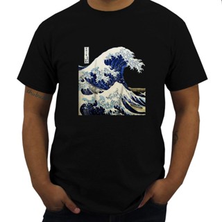 เสื้อยืดผ้าฝ้ายพรีเมี่ยม เสื้อยืดคอกลม ผ้าฝ้าย พิมพ์ลายกราฟฟิค Kanagawa The Great Wave สไตล์วินเทจ ใส่สบาย สีดํา สําหรับ