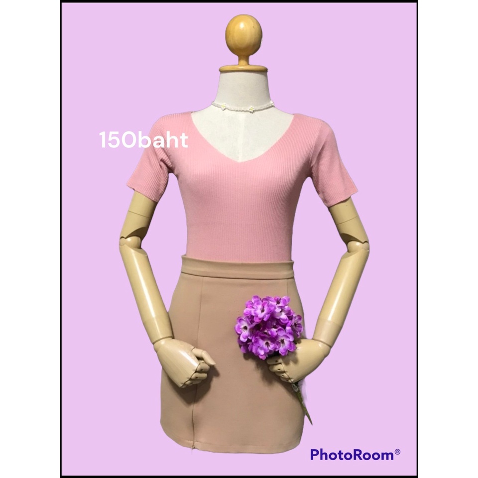 ไหมพรม คอวีแขนสั้น ทรงสวยเข้ารูป A | Shopee Thailand