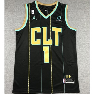 เสื้อกีฬาบาสเก็ตบอล ปักลาย Charlotte Hornets 1 LaMelo Ball CLT CLT สีดําอ่อน สําหรับผู้ชาย 2023